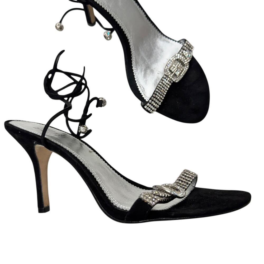 Pelle Moda Black Leather Silver Rhinestone Heels Womens 7.5 Bling Lace Up Ankle